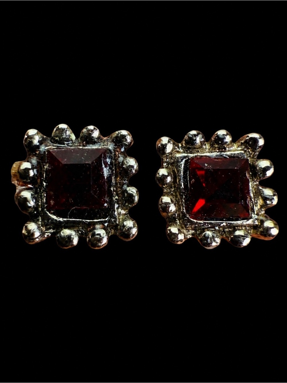 Vintage aged Silvertone Red Square Stud Pierced Earrings